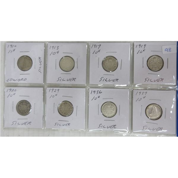 8 canadian silver dimes-various years