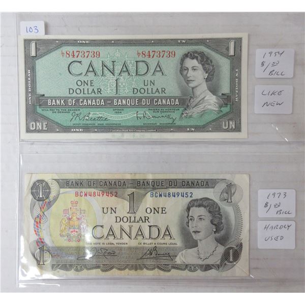 1954 and 1973 canadian 1 dollar bill