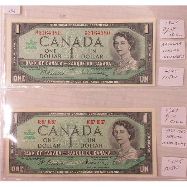 2x1967 canadian 1 dollar bill- l w/o serial number