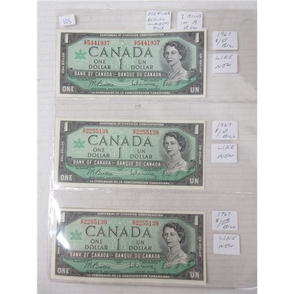 3x1967 canadian 1 dollar bill-2 w/ consecutive serial numbers