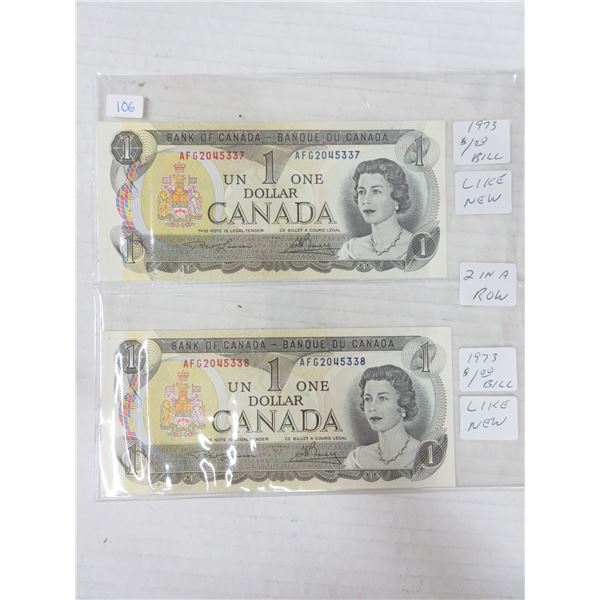 2x1973 canadian 1 dollar bill-consecutive serial numbers