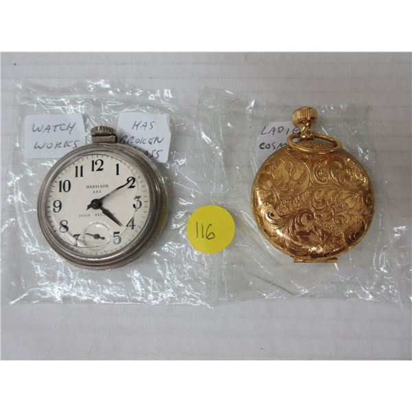 1 pocket watch-working but broken glass and ladies gold coloured cosmetic pouch