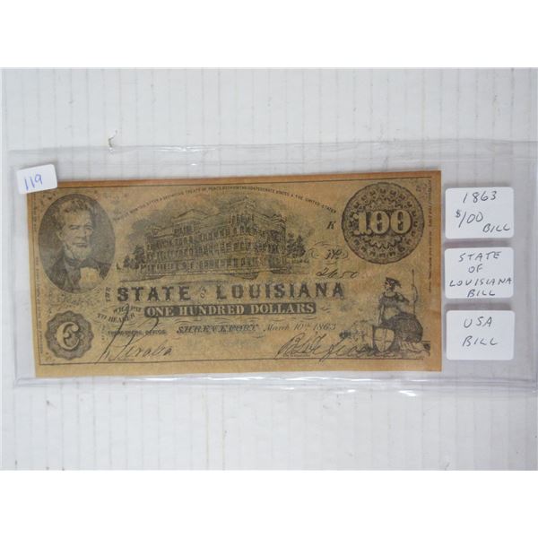 1863 USA state of louisiana 100$ bill