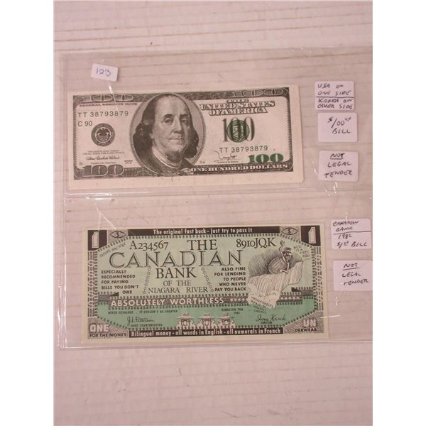 USA on one side & korea on other side- $100 bill & canadian bank ( wrothless bill- not legal tender)