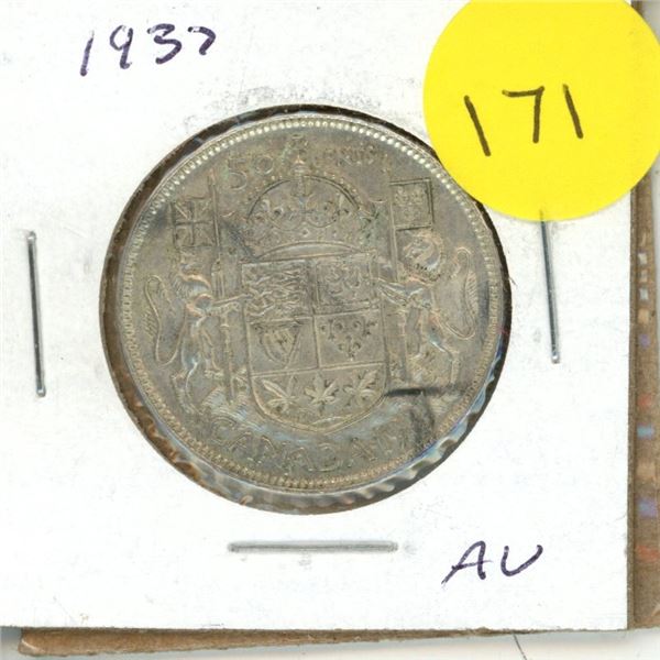 1937 Canadian Silver 50 Cents Coin.
