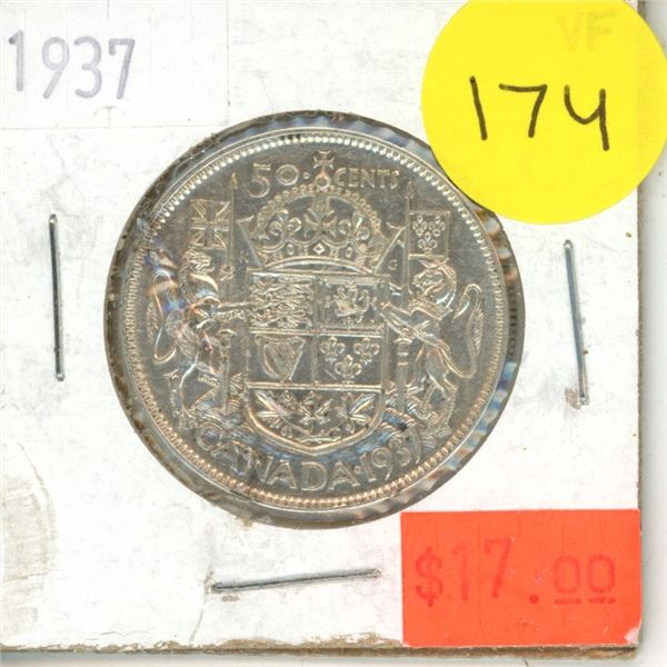 1937 Canadian Silver 50 Cents Coin.