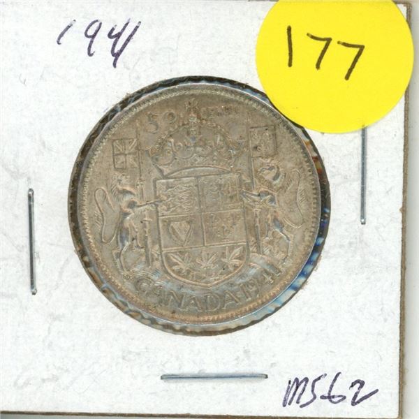 1941 Canadian Silver 50 Cents Coin.