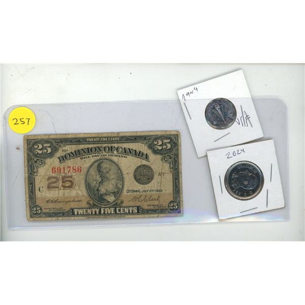 1923 Domination of Canada Shinplaster, 1944 Canadian 5 Cent and 2024 Canadian 50 Cent.