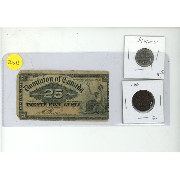 1900 Domination of Canada Shinplaster, 1951 Canadian 5 Cent and 1900 Canadian 1 Cent.
