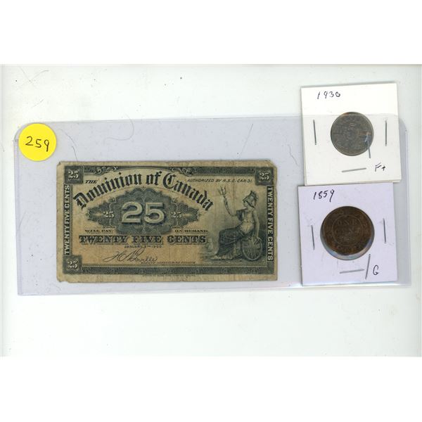 1900 Domination of Canada Shinplaster, 1930 Canadian 5 Cent and 1859 Canadian 1 Cent.