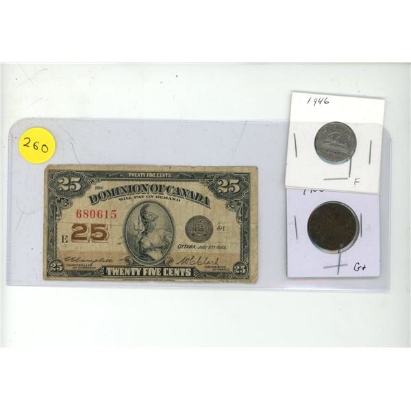 1923 Domination of Canada Shinplaster, 1946 Canadian 5 Cent and 1906 Canadian 1 Cent.