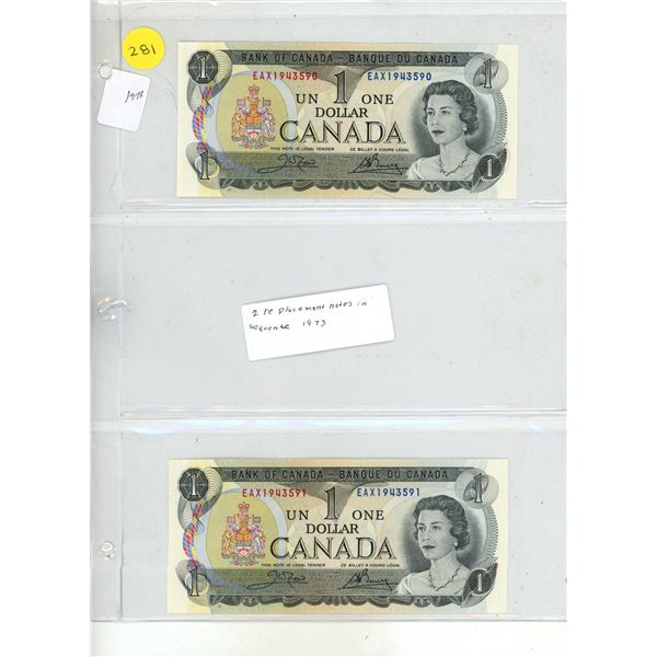 (2) 1973 Canadian One Dollar Replacement Notes in Sequence.