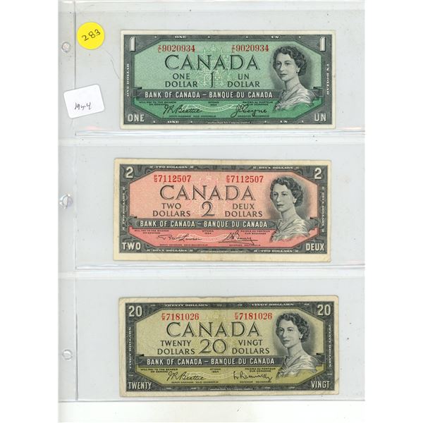 1954 Canadian 1, 2, 20 Dollar.