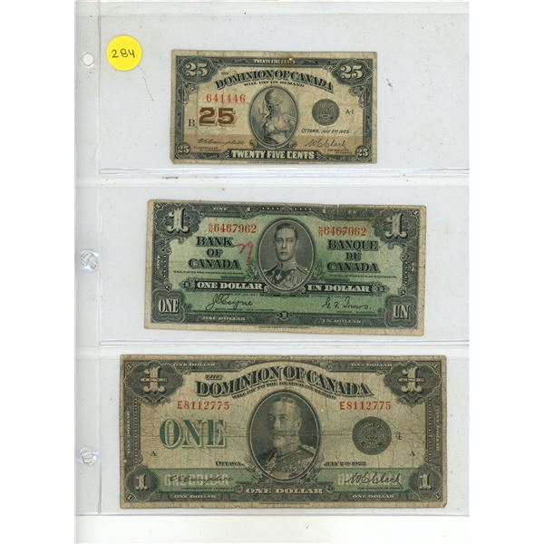 1923 Domination of Canada Shinplaster, 1923 Domination of Canada One Dollar and 1937 Bank of Canada 