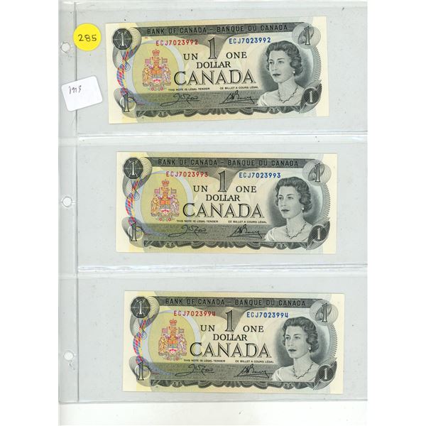 (3) 1973 Canadian One Dollar in Sequence.