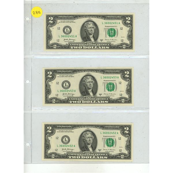 (3) 2017 U.S.A Two Dollars in Sequence.