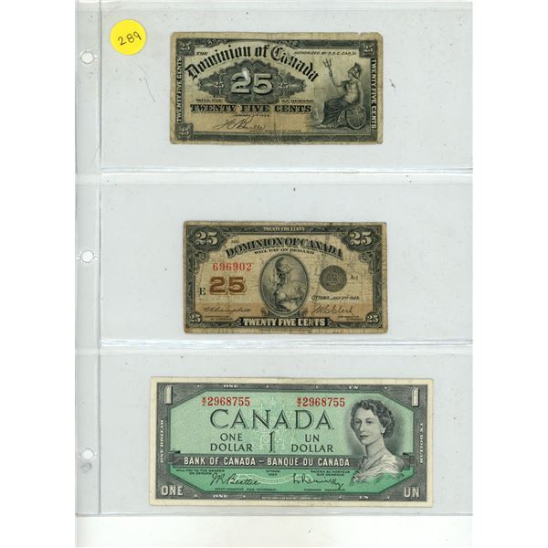 1900, 1923 Domination of Canada Shinplasters and 1954 Canadian One Dollar.