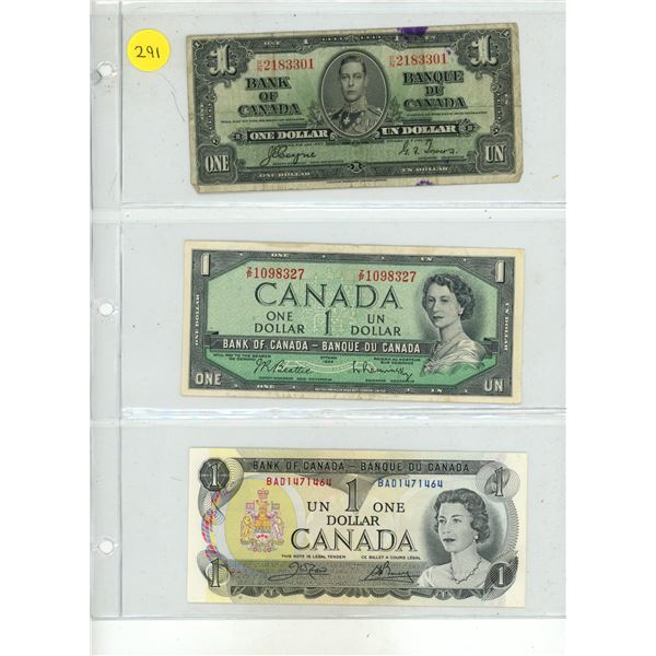1937 Bank of Canada One Dollar, 1954 Canadian One Dollar and 1973 Canadian One Dollar.