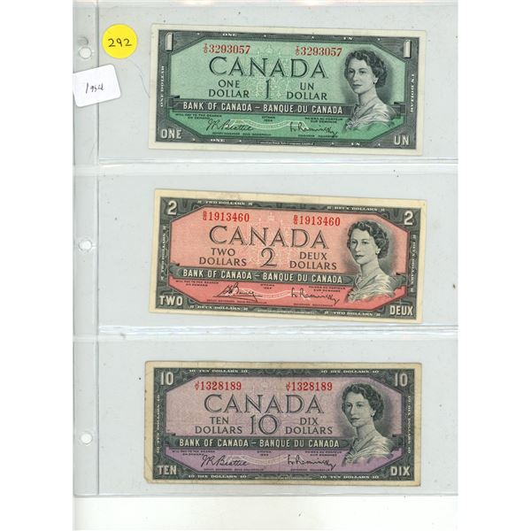 1954 Canadian 1, 2, 10 Dollar.
