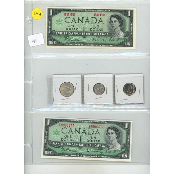 1967 Canadian (2) One Dollar, One Dollar Coin, 25 Cents, 10 Cents.