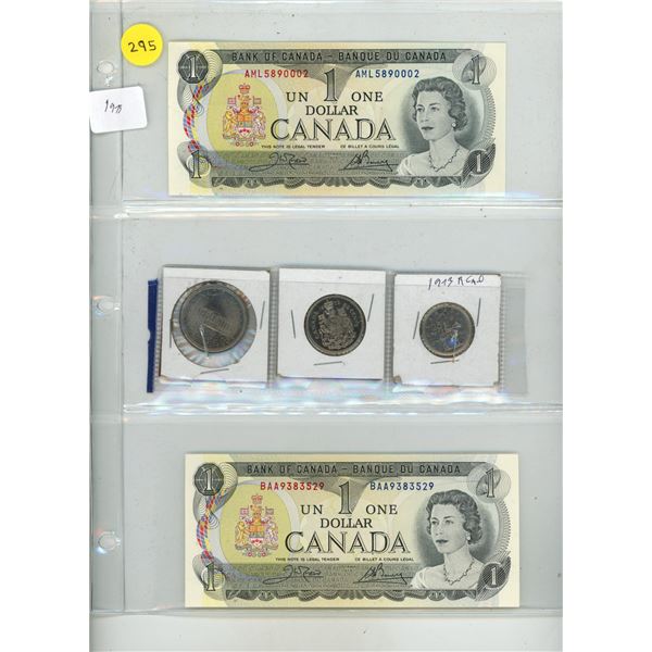 1973 (2) Canadian One Dollar, One Dollar Coin, 50 Cents, 25 Cents.