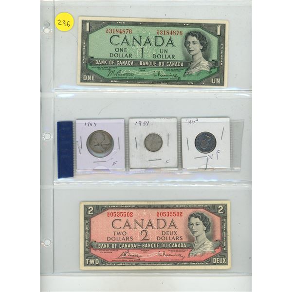 1954 Canadian One, Two Dollar, 5 Cents, 10 Cents, 25 Cents Coin.