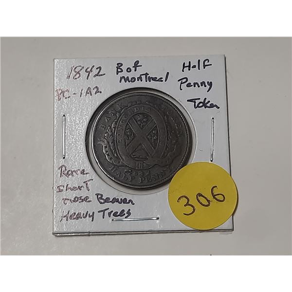 1842 PC-1A2 RARE (Short-nose Beaver; Heavy Trees) Province of Canada Bank of Montreal Half Penny Tok