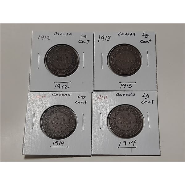 Lot of 4 Canada Large Cents:  1912, 1913, 1914 (x2)