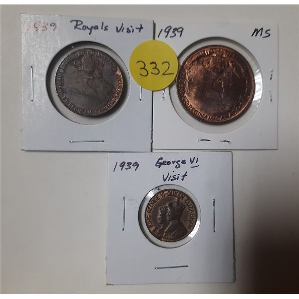 Lot of Three 1939 King George VI & Queen Elizabeth  Royal Visit Medallions