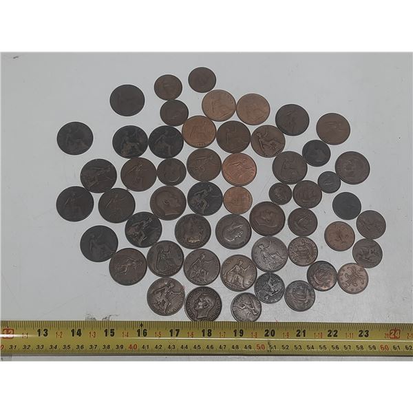 Collection of 50 British Coins:  Assorted Years (1800s - 1960s) & Varieties (Half Penny, One Penny, 