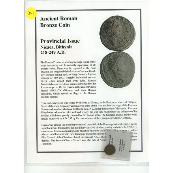 218-249 A.D. Roman Bronze Provincial Issue Coin:  Nicaea, Bithynia, COA