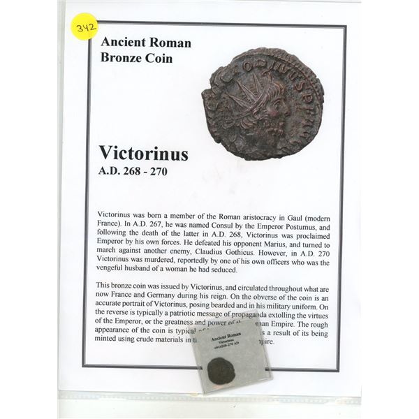 268-270 A.D. Roman Bronze Vicorinus Coin, COA