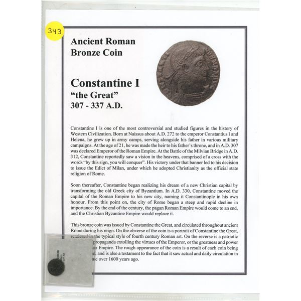 307-337 A.D. Roman Bronze Consantine I 'the Great" Coin, COA