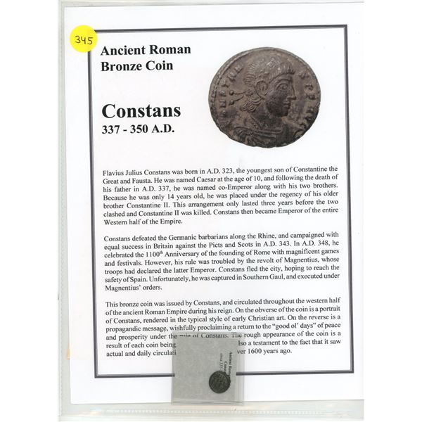 337-350 A.D. Roman Bronze Constans Coin, COA