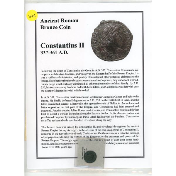 337-361 A.D. Roman Bronze Constantius II Coin, COA