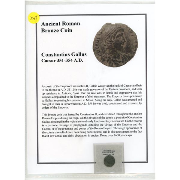351-354 A.D. Roman Bronze Constantius Gallis Caesar Coin, COA