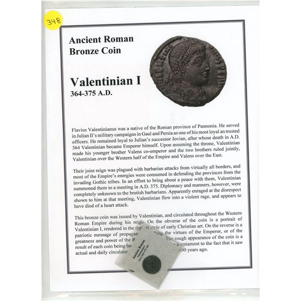 364-375 A.D. Roman Bronze Valentinian I Coin, COA