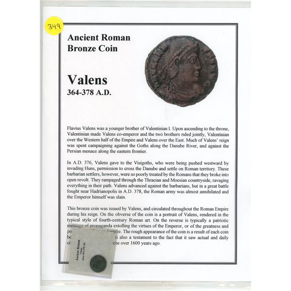 364-378 A.D. Roman Bronze Valens Coin, COA