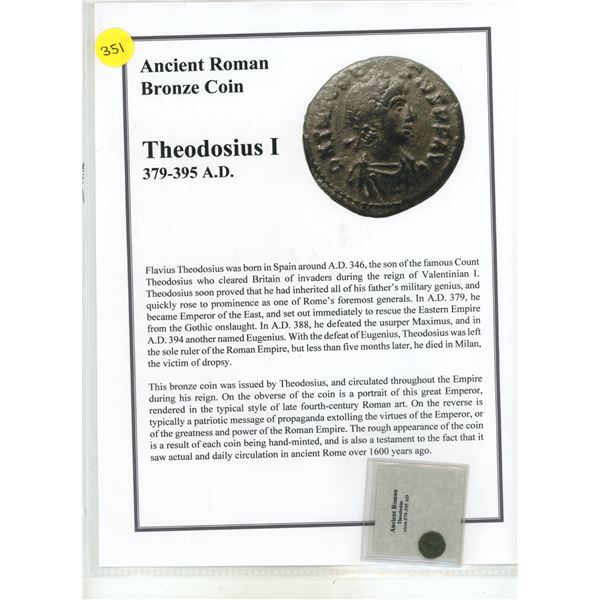 379-395 A.D. Roman Bronze Theodosius I Coin, COA