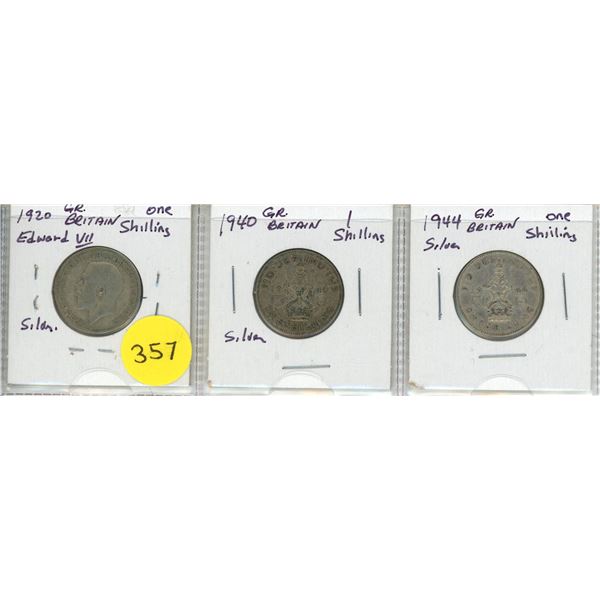 Lot of 3 Great Britain Silver 1 Shilling:  1920, 1940 & 1944