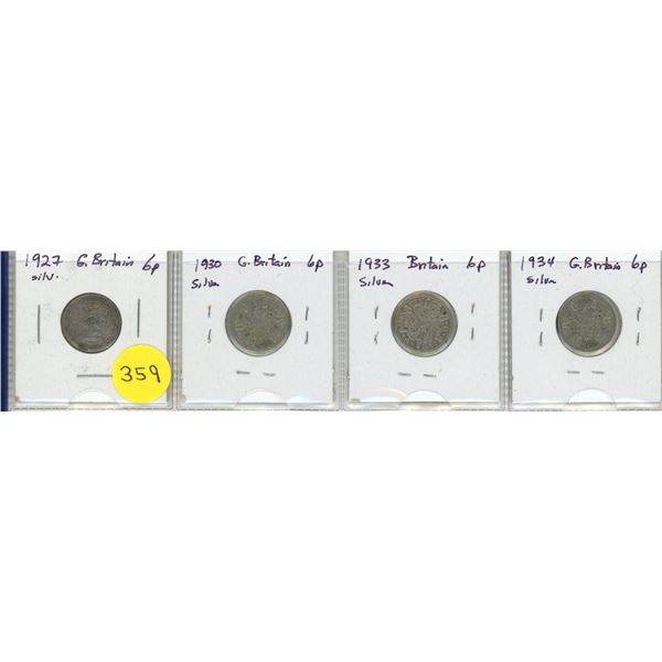 Lot of 4 Great Britain Silver 6 Pence:  1927, 1930, 1933 & 1934