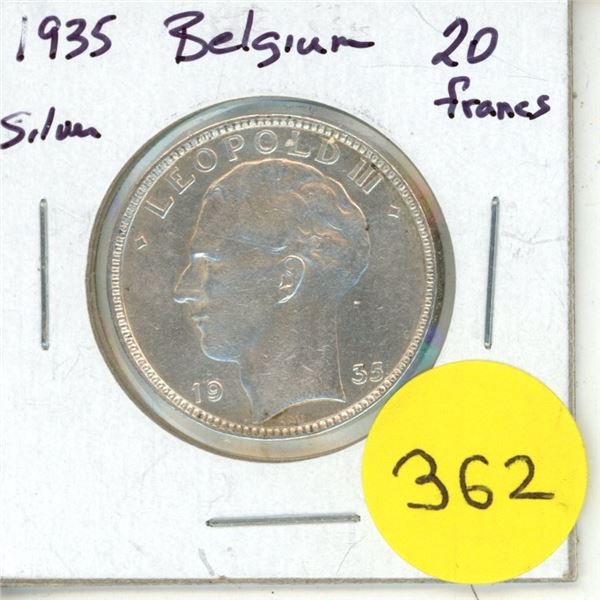 1935 Belgium Silver 20 Francs