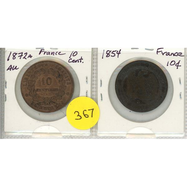 Lot of 2 France 10 Centimes:  1854 & 1872A