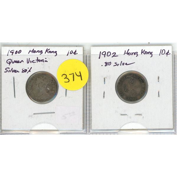 Lot of 2 Hong Kong Silver 10¢:  1900 & 1902