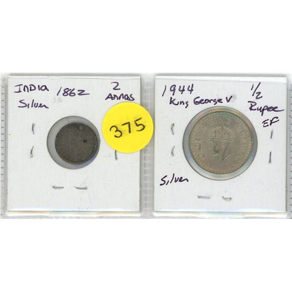 Lot of 2 India Silver Coins:  1862 Two Annas & 1944 One Half Rupee