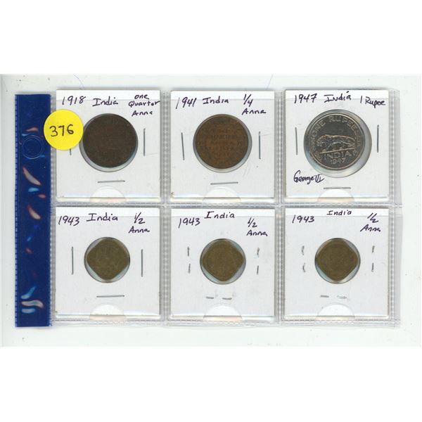 Lot of 6 Indian Coins:  1918 & 1941 One Quarter Anna, 1943 Half Anna (x3) & 1947 One Rupee
