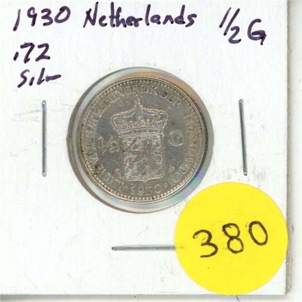 1930 Netherlands Silver One Half Gulden