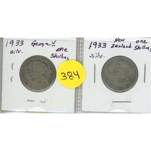 Lot of Two 1933 New Zealand Silver One Shilling Coins