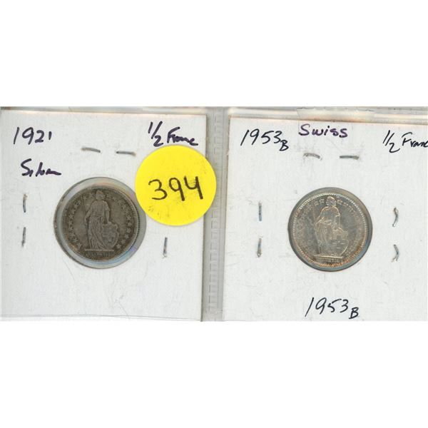 Lot of 2 Switzerland Silver One Half Franc:  1921 & 1953 B