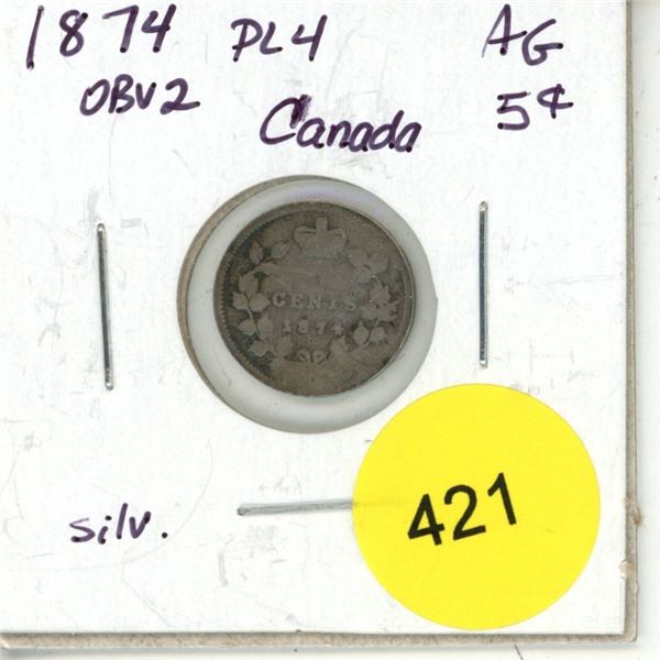 1874 Obv 2 PL4 Canada Silver 5¢
